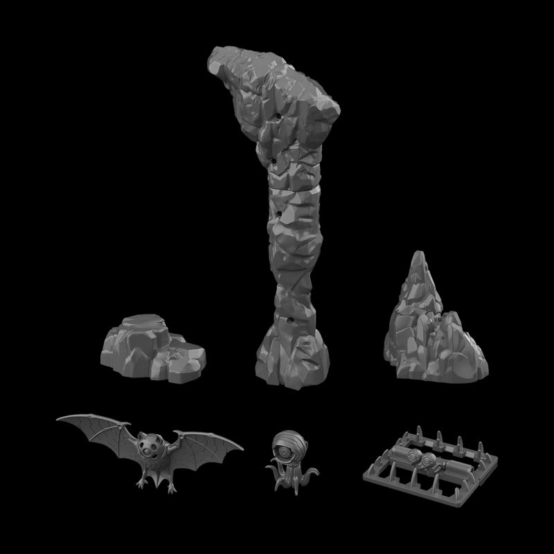 Set of gray rock formations and small figures on a white background