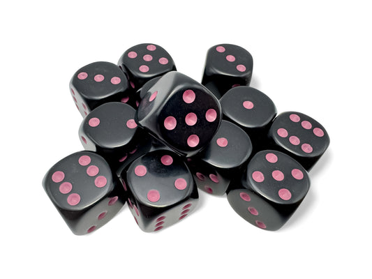Chessex: 12 Piece D6 Dice Set Opaque Black with Pink