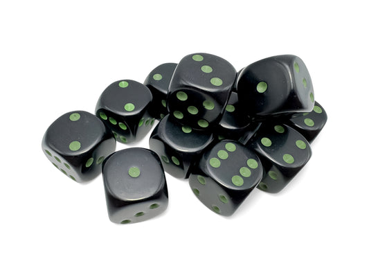 Chessex: 12 Piece D6 Dice Set Opaque Black with Green