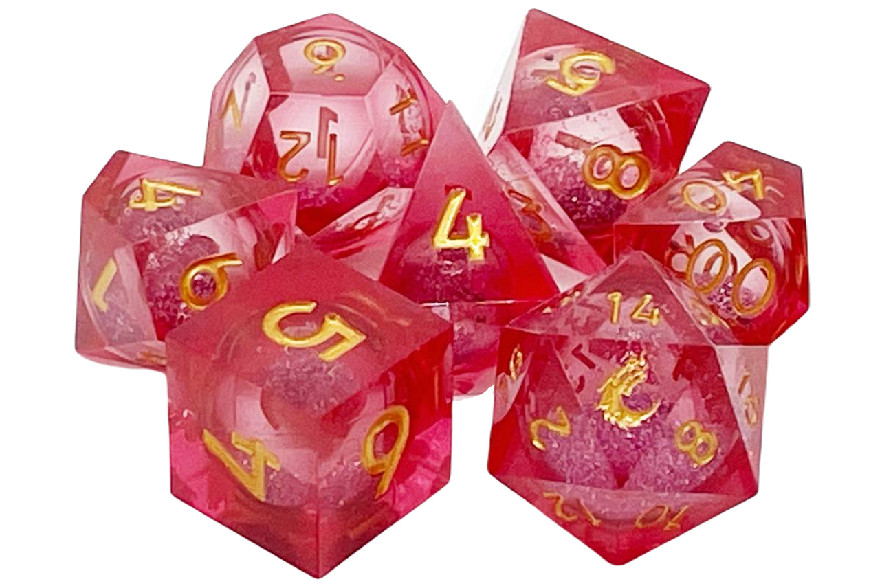 Old School Dice: Sharp Edged 7 Dice Set: Liquid Infused - Crimson Fury