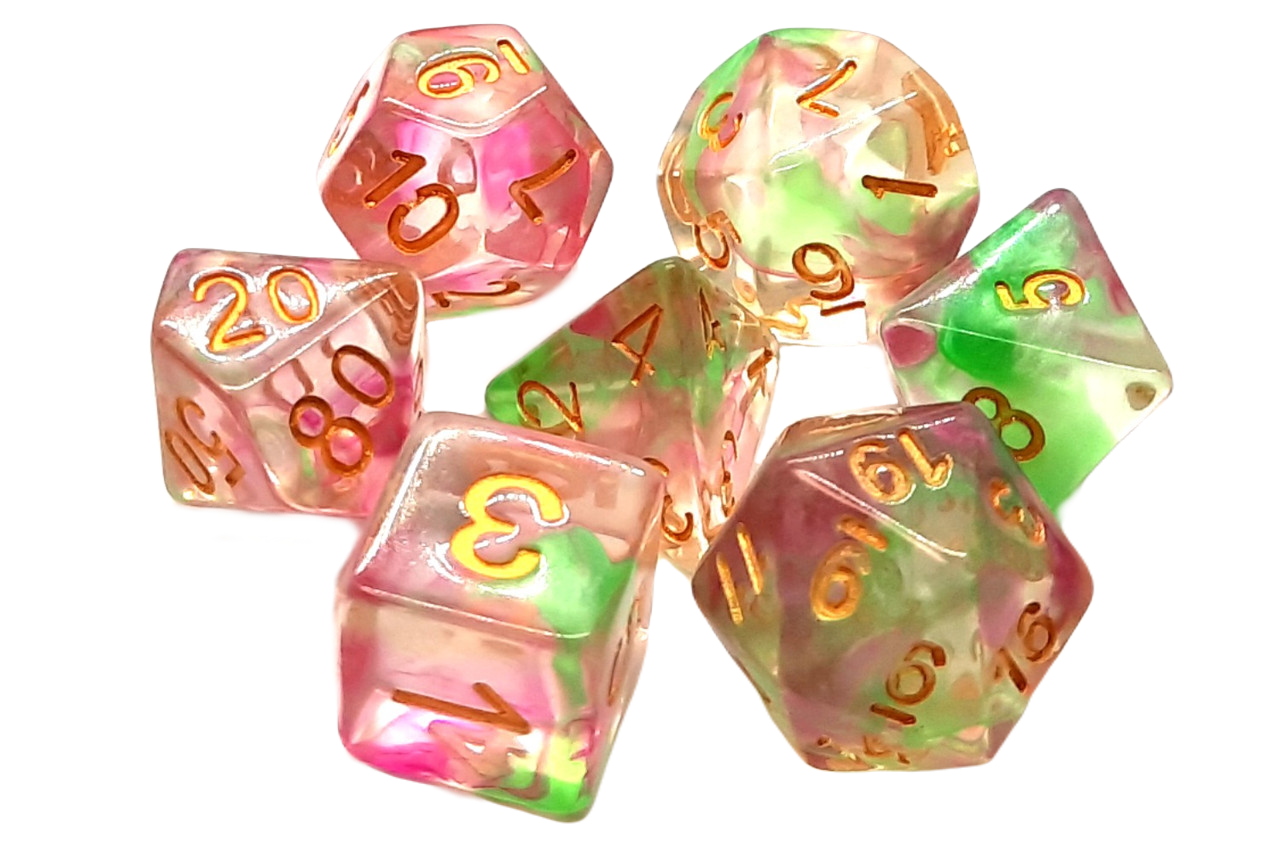 Old School Dice: 7 Piece Dice Set Nebula Rose Red & Green