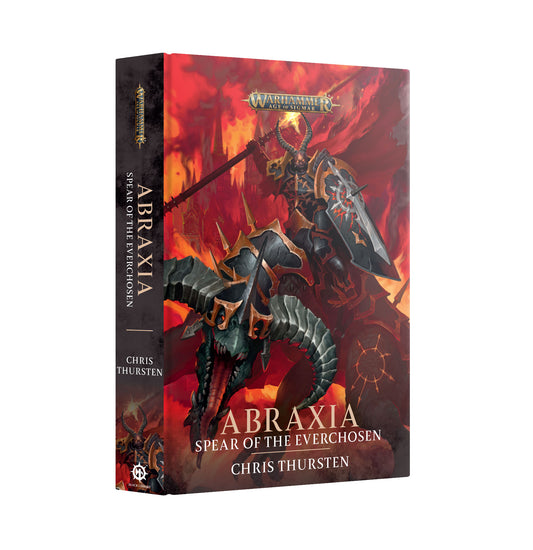Book cover of 'Abraxia: Spear of the Everchosen' with a dragon illustration on a red background
