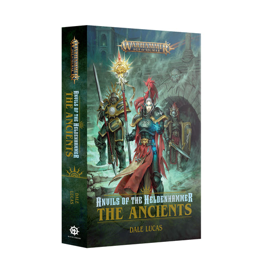 Book cover of 'Anvils of the Heldenhammer: The Ancients' by Dale Lucas with warrior illustration on a white background