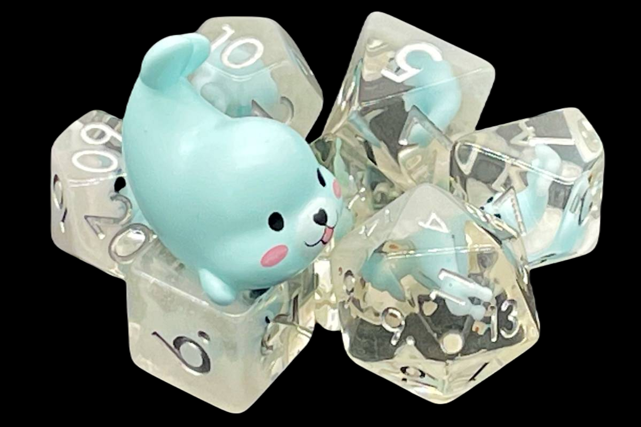 Old School Dice: 7 Piece Dice Set Animal Kingdom Baby Seal Light Blue