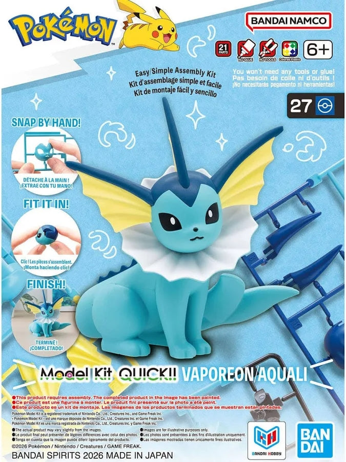 Front packaging of a Bandai Namco Pokémon Vaporeon model kit, showing the assembled blue and yellow Vaporeon figure on a light blue illustrated background with assembly feature callouts and age rating icons.