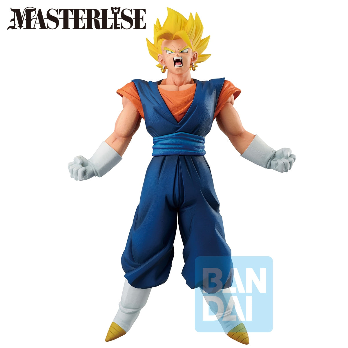 Action figure with blue and orange outfit on a white background, featuring Masterlise and Bandai logos.