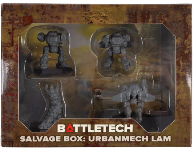 Battletech Urbanmech Lam toy set in packaging on a textured background