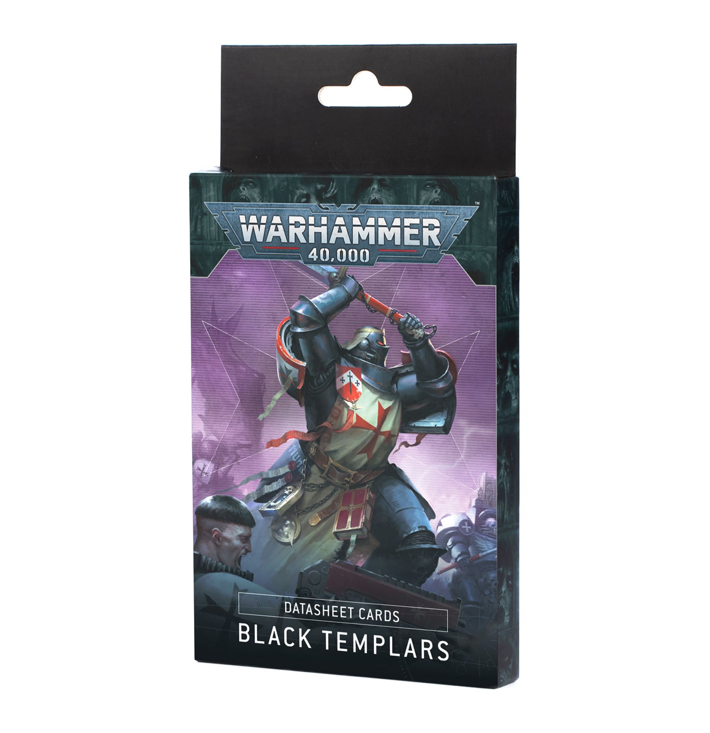 Packaged datasheet cards for Black Templars from Warhammer 40,000 on a white background
