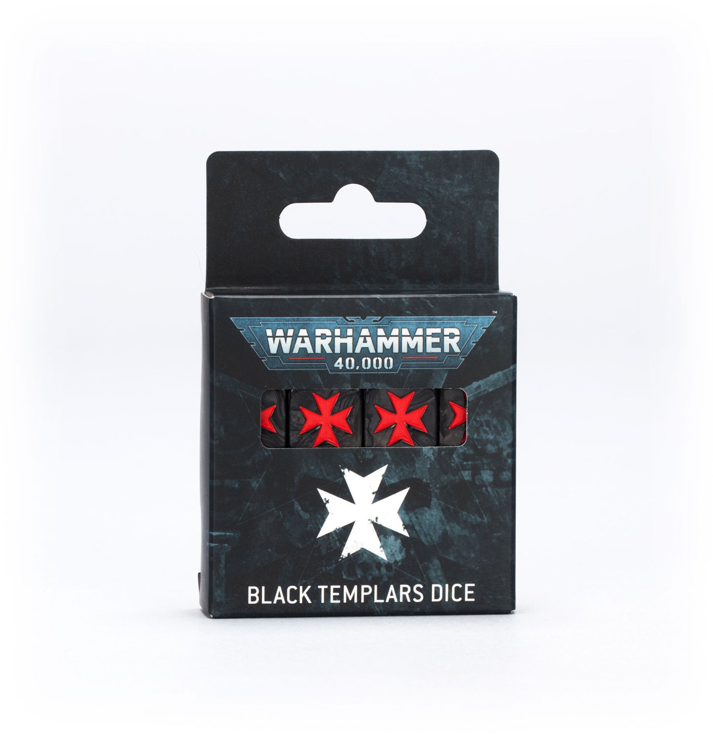 Packaged dice set for Warhammer 40,000 with Black Templars design on a white background