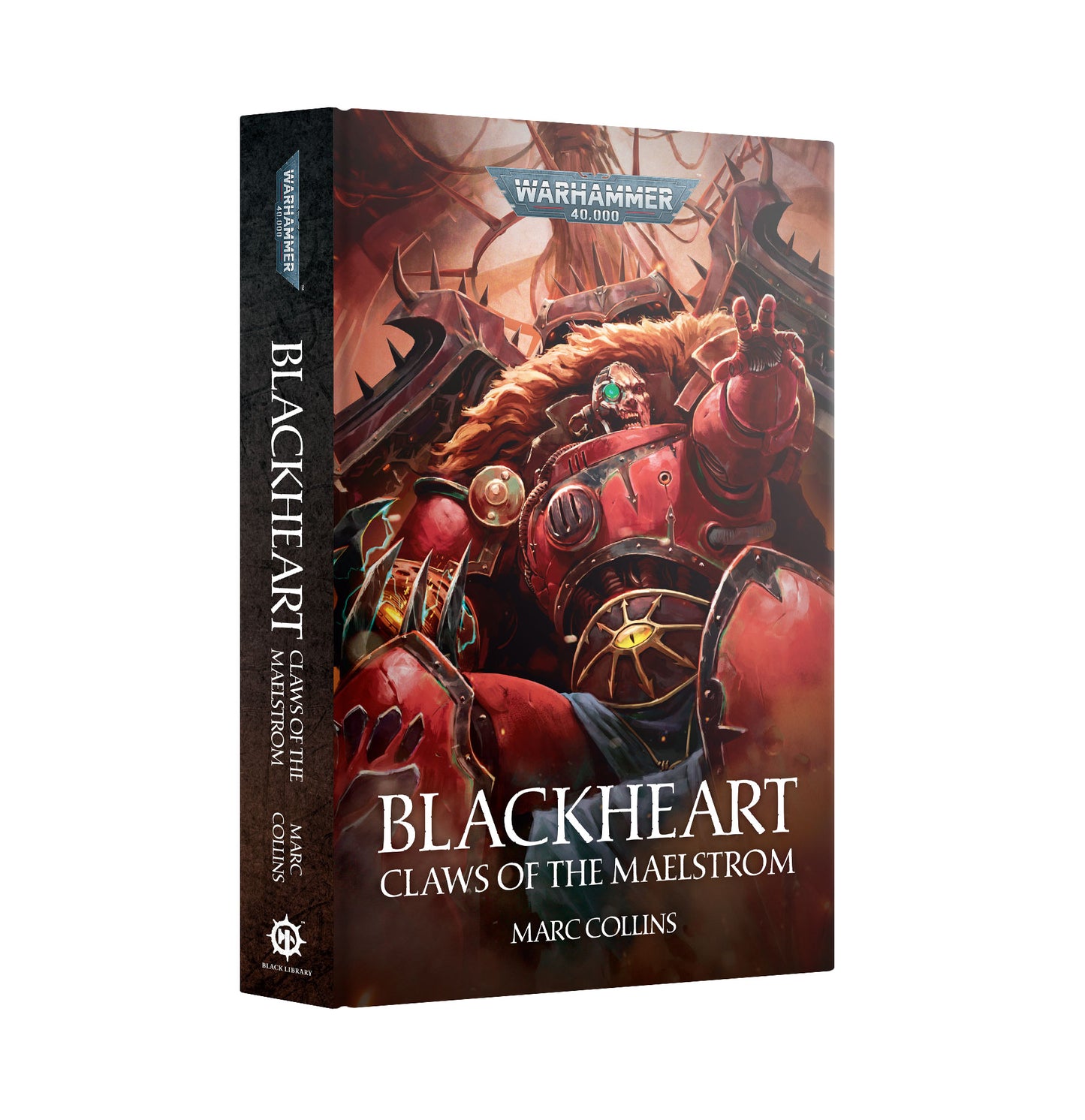 Warhammer 40k Blackheart: Claws of the Maelstrom tabletop gaming box by Marc Collins, featuring a red armored warrior on the cover and spine, shown on a clean white background.