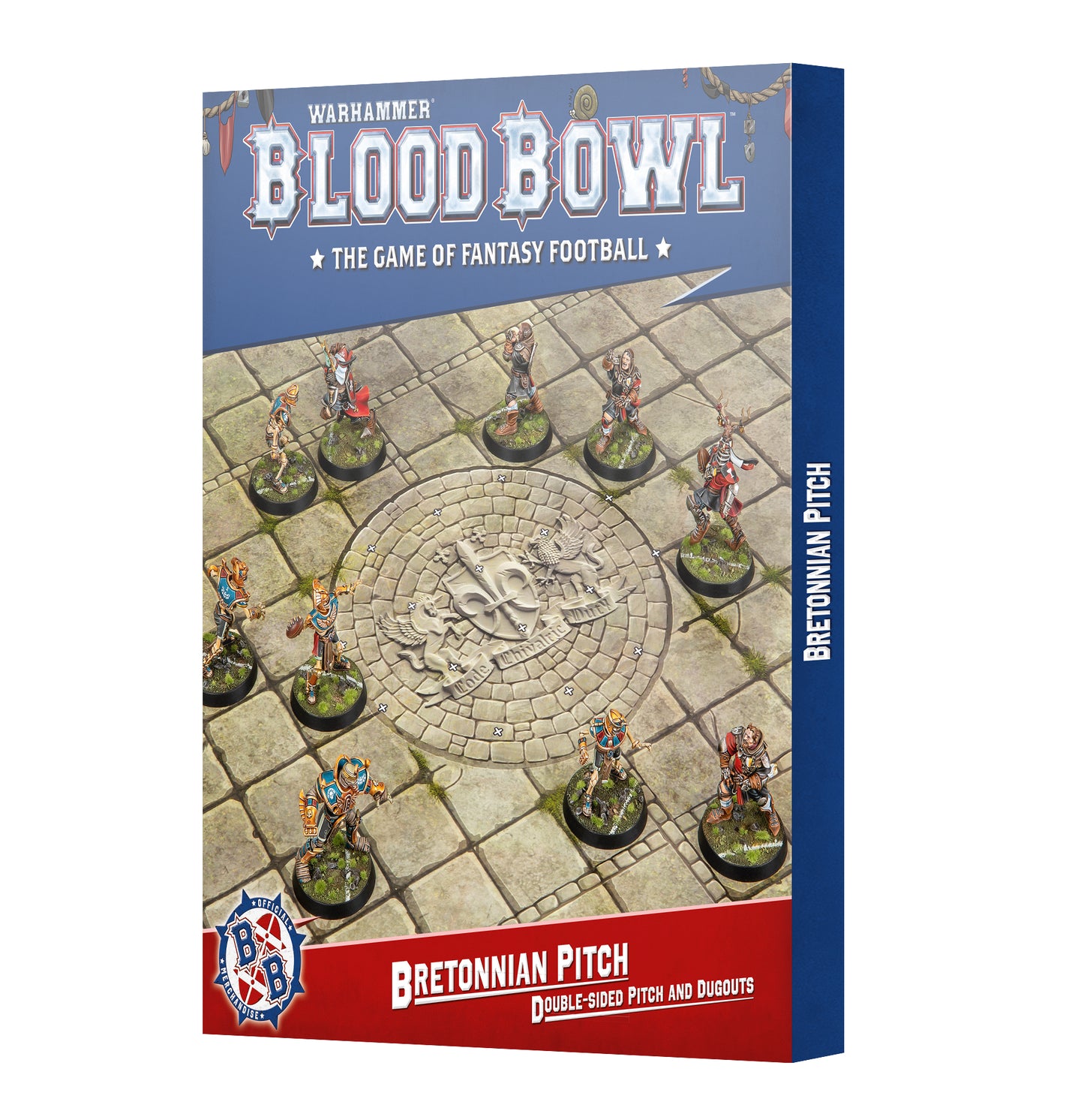 Warhammer Blood Bowl game box with miniatures on a Bretonnian Pitch