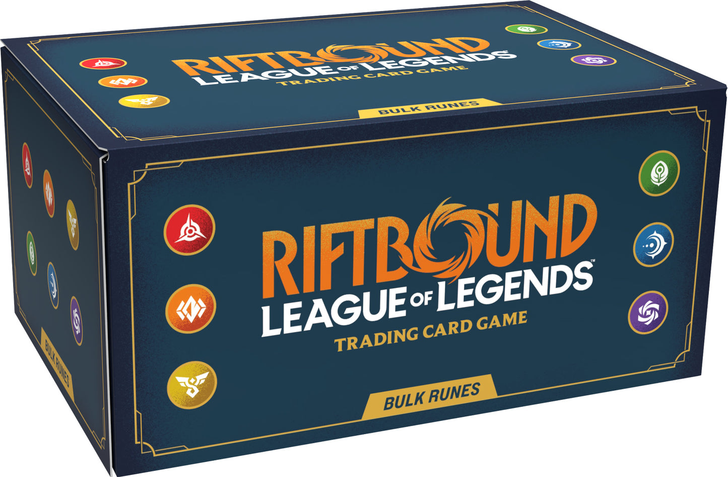 Riftbound League of Legends trading card game box with colorful symbols on a blue background