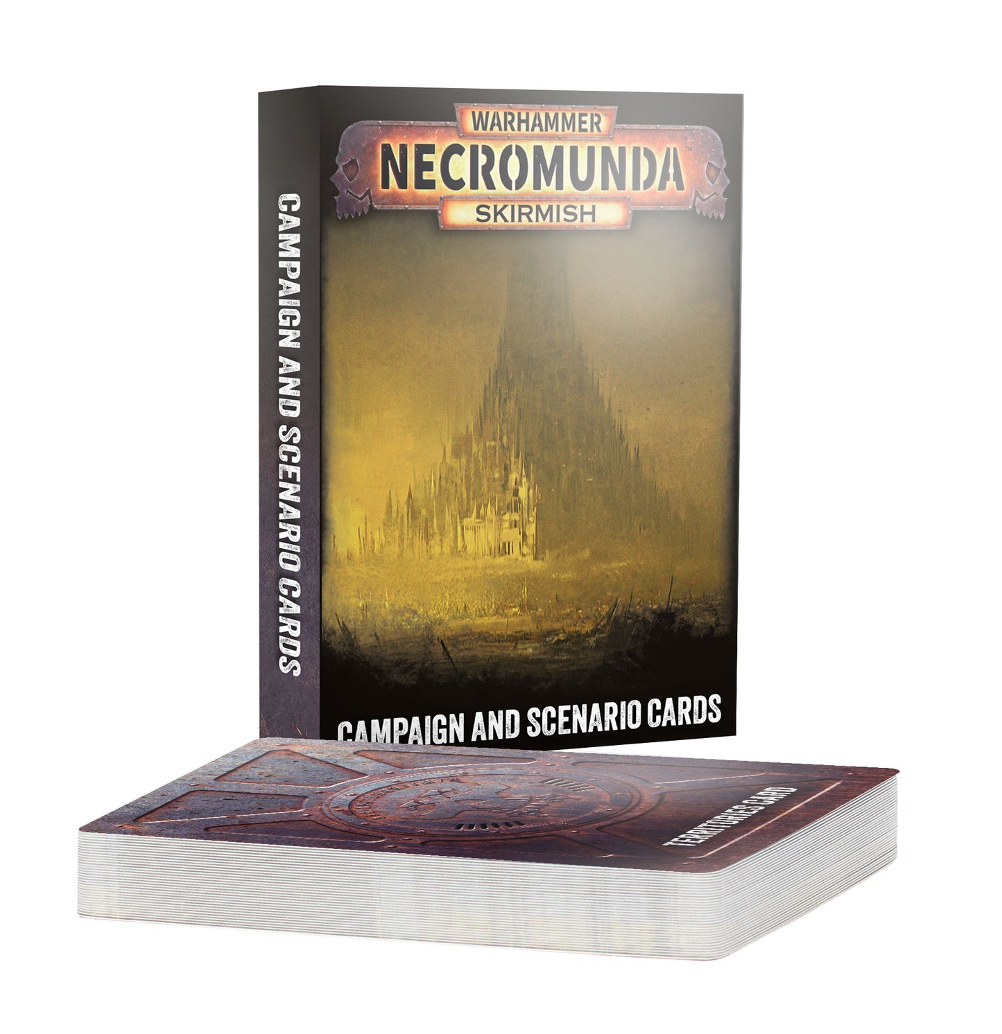 Warhammer Necromunda Skirmish campaign and scenario cards shown as a boxed set with one deck fanned in front on a white background.
