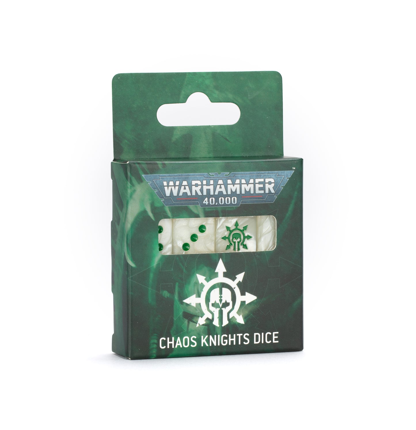 Warhammer 40,000 Chaos Knights Dice Set (2025), boxed set with white dice featuring green pips and Chaos Knights symbols, packaged in green-themed box with transparent window.