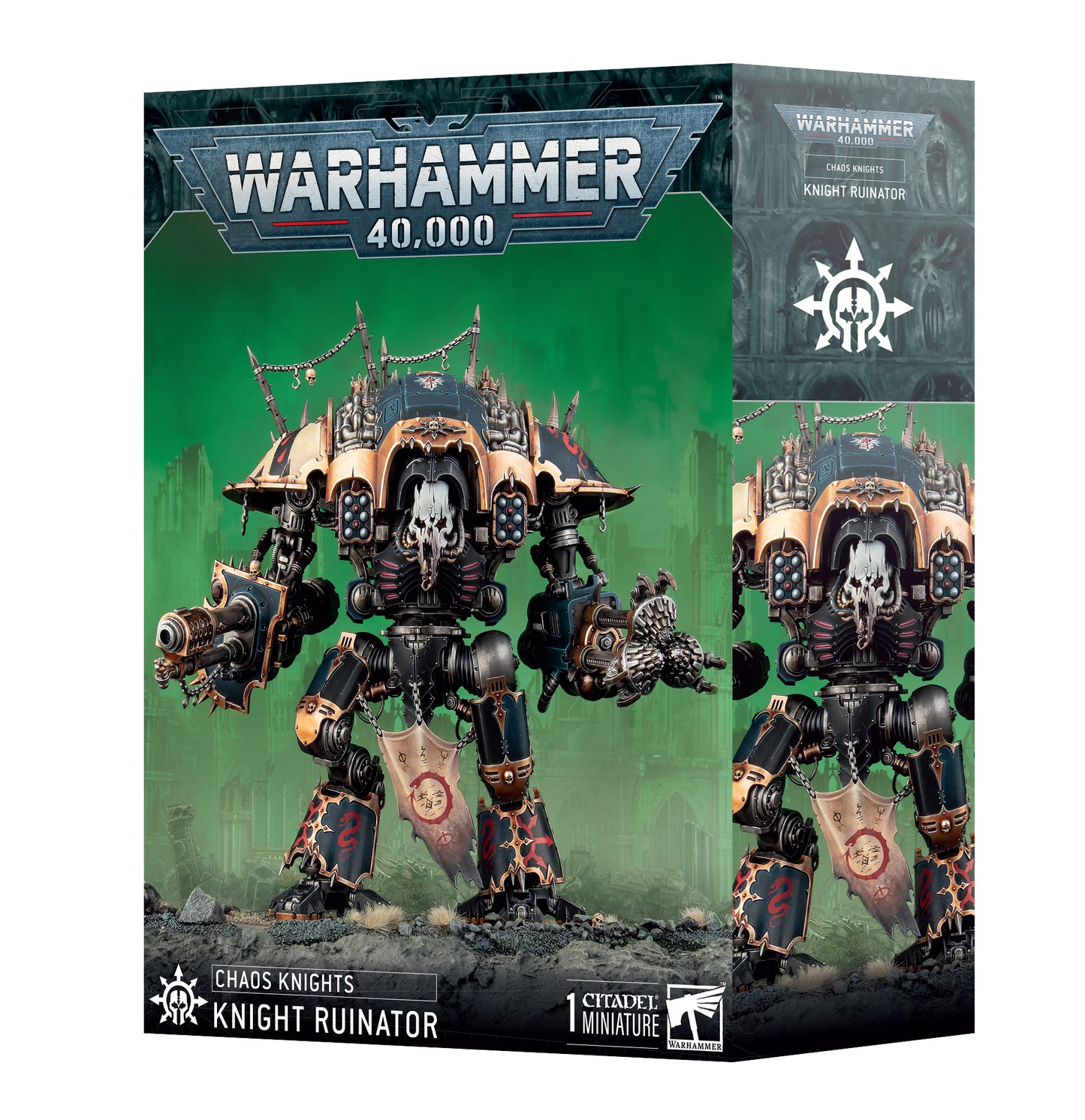 Warhammer 40,000 Chaos Knights: Knight Ruinator box set, featuring a large, heavily armored war machine with weapons and dark green background, Citadel Miniature for sci-fi tabletop wargaming.