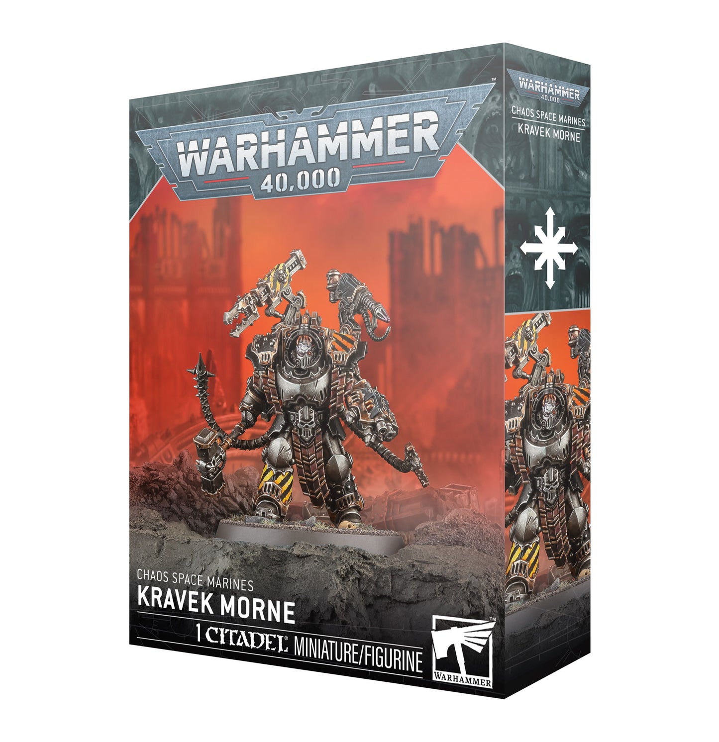 Warhammer 40,000 miniatures box with Kravek Morne figure on a white background