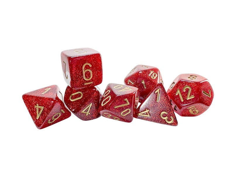 A set of glittery red dice with gold numbering on a white background