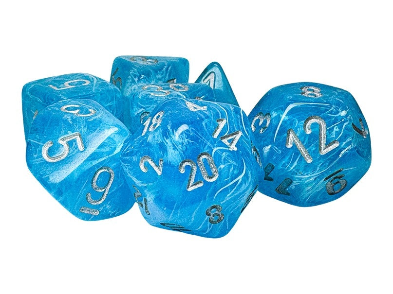 A set of sky-blue colored dice with silver numbering on a white background