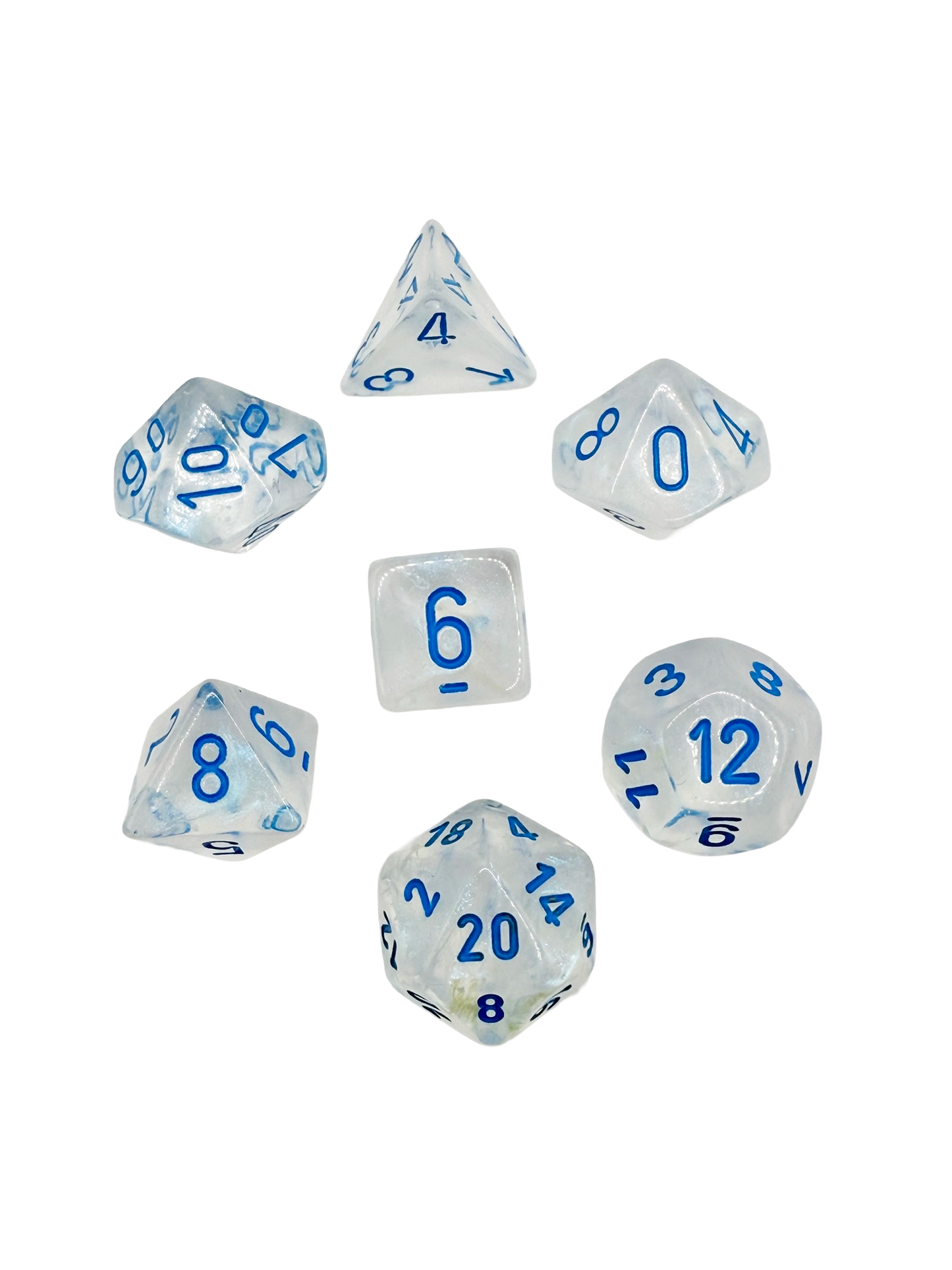 Chessex Borealis Luminary Polyhedral Dice Set – Icicle / Light Blue, 7 translucent RPG dice with light blue numbers including d4, d6, d8, d10, d12, d20, and percentile die.