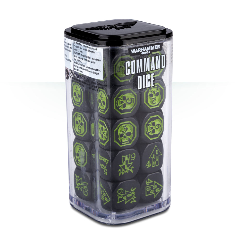 Packaged Warhammer Command Dice set with green symbols on a white background