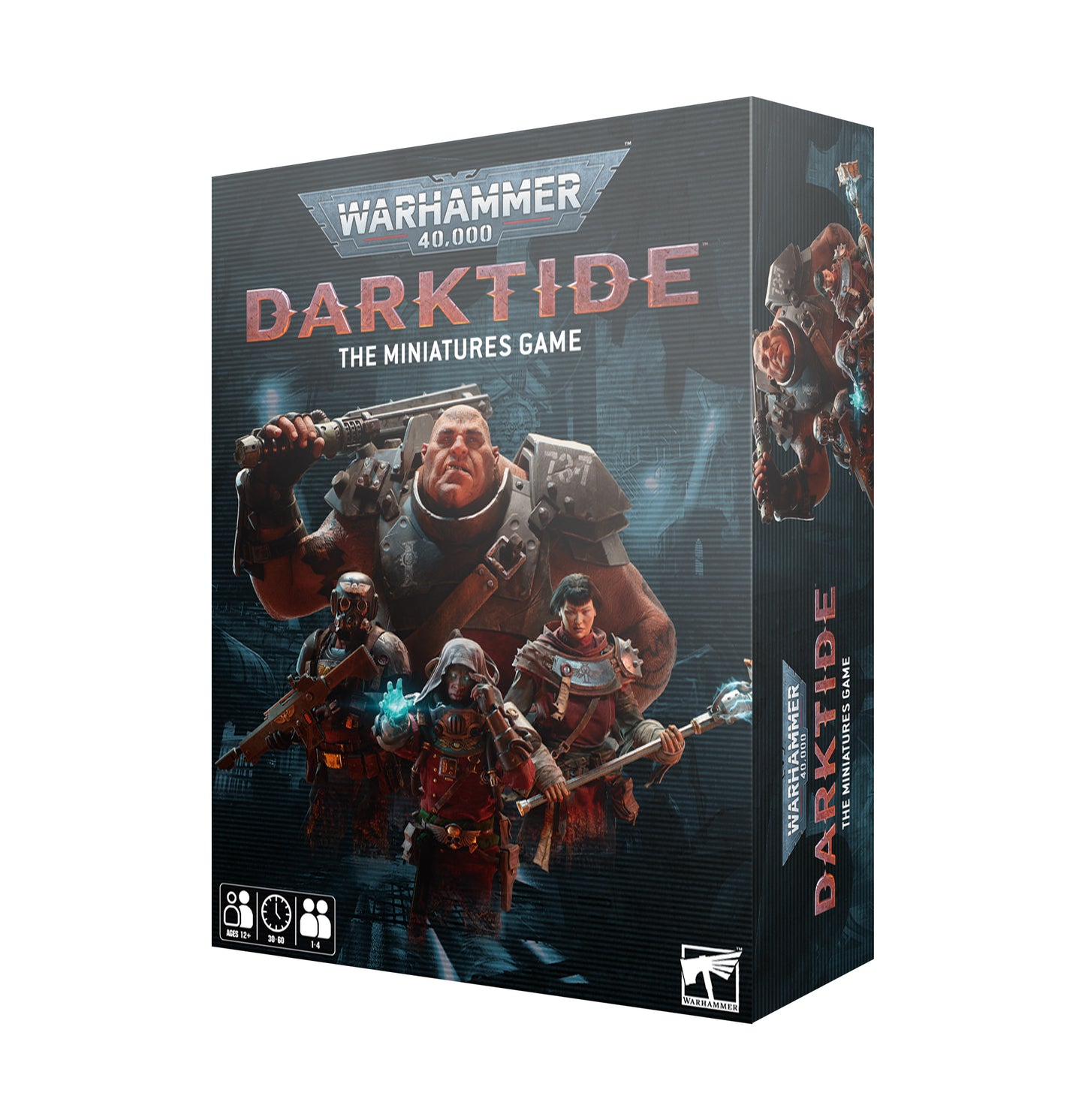 Warhammer 40,000: Darktide - The Miniatures Game box featuring illustrated armored characters with weapons, includes age rating, player count, and playtime details.
