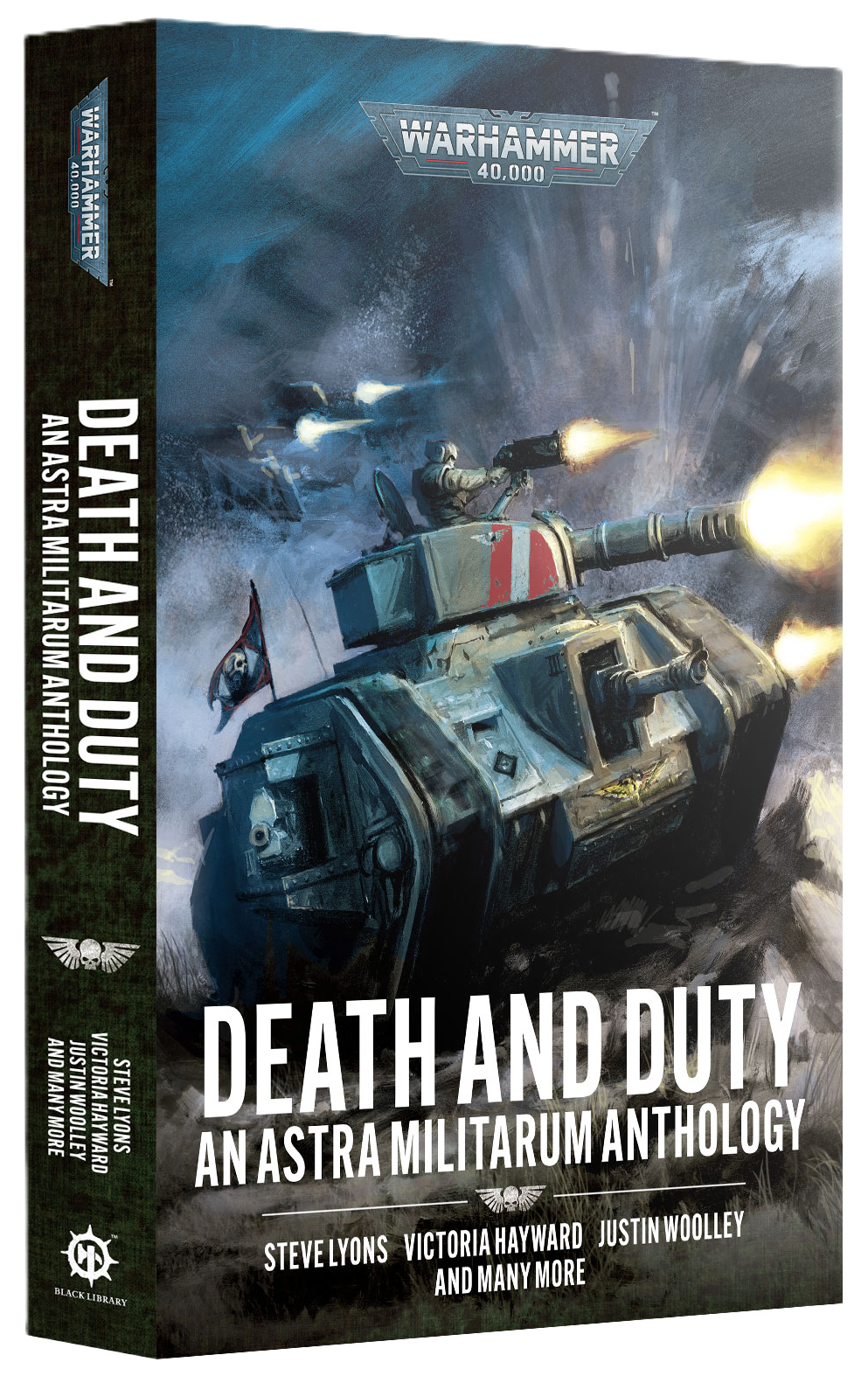 Book cover of 'Death and Duty' from Warhammer 40,000 with a tank on a snowy battlefield.