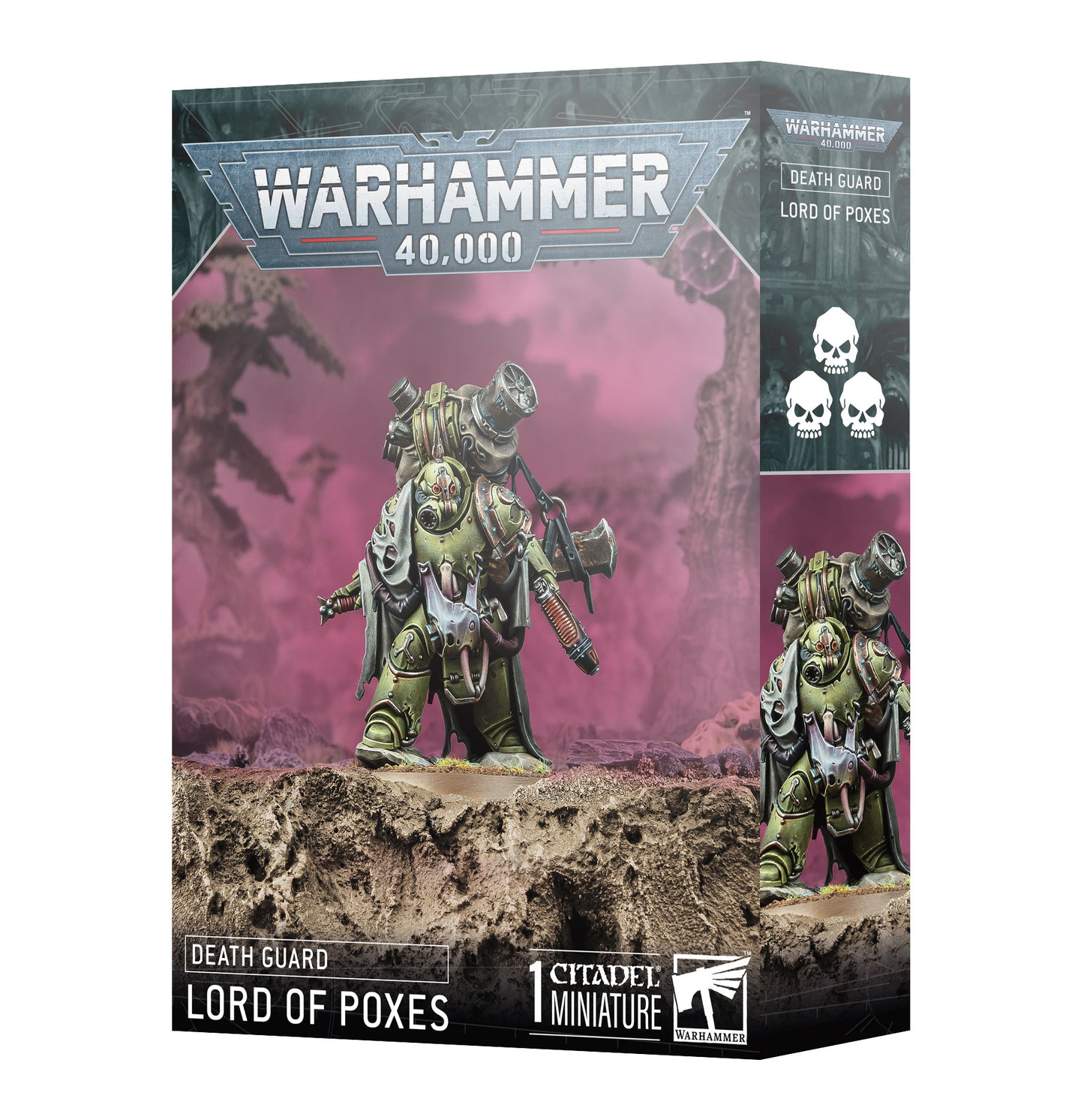 Warhammer 40,000 Death Guard Lord of Poxes miniature figure on packaging