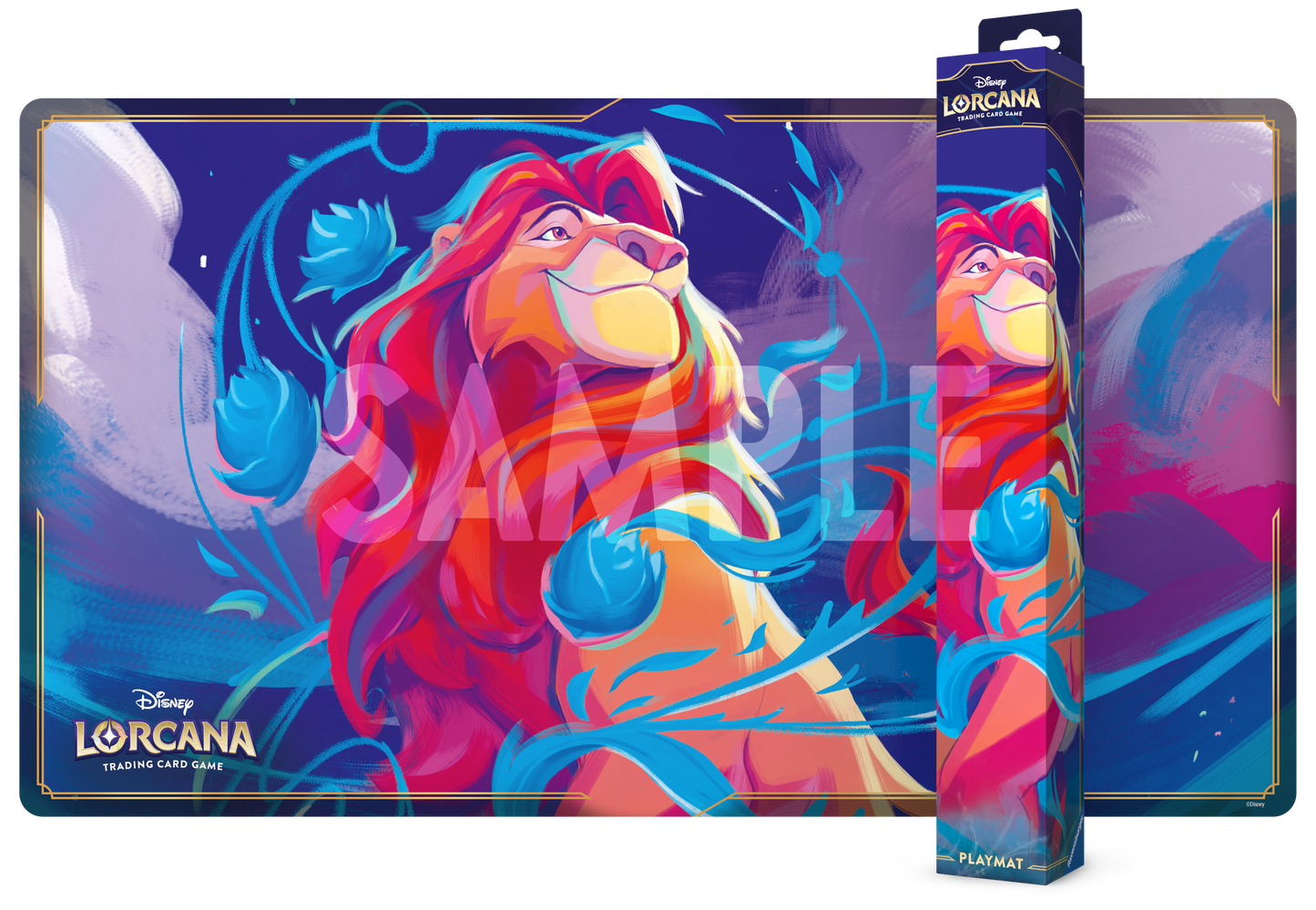 Colorful playmat with a character design and packaging in the background