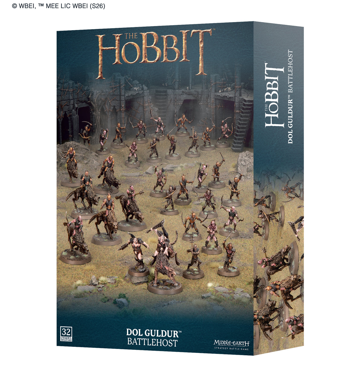 Box art for The Hobbit: Dol Guldur Battlehost, showing a fantasy battle scene with many small warrior figurines on a sandy battlefield. The front and spine of the box are visible on a plain white background.
