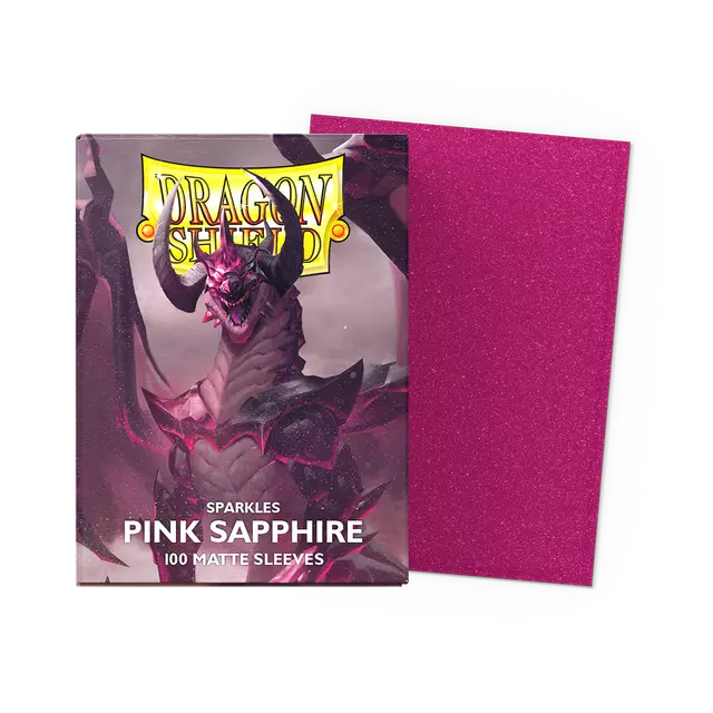 Dragon Shield pink sapphire card sleeves with packaging on a white background