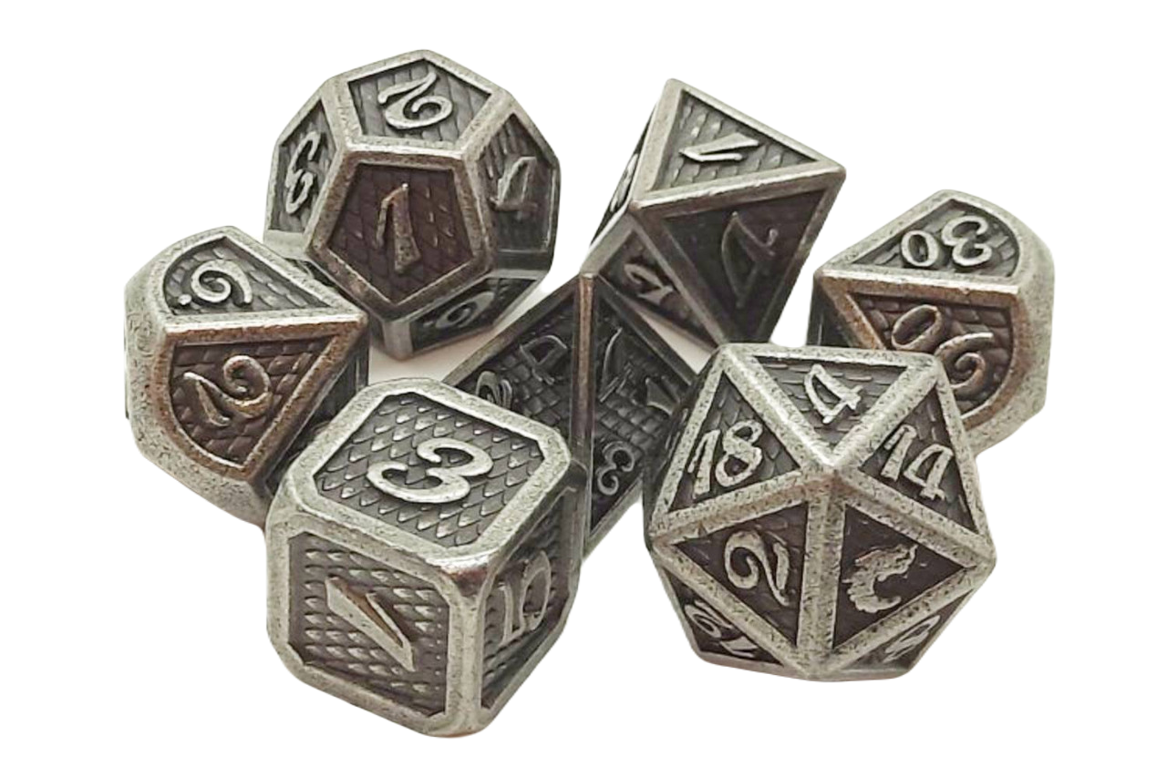 Old School Dice: 7 Piece Dice Set Dragon Scale - Ancient Silver