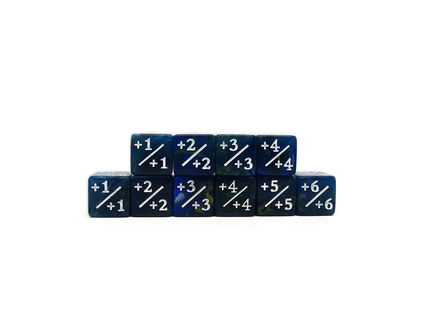 Set of blue/green dice with white plus numbering on a white background