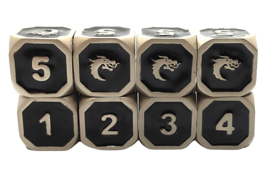 Old School Dice: 8 Piece d6 Dice Set Metallic Elven Forged Black with Silver