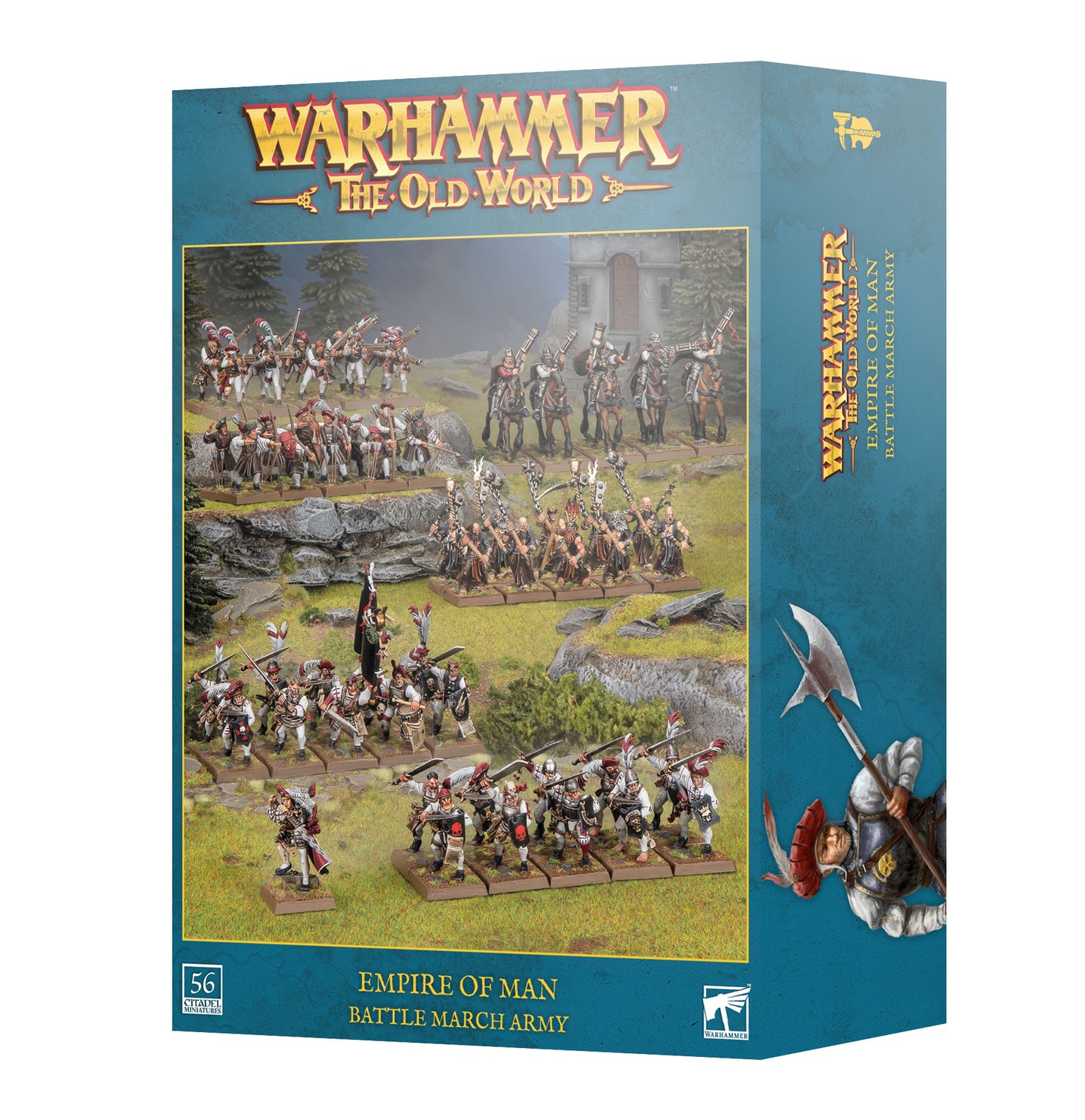Warhammer: The Old World Empire of Man Battle March Army box set, featuring a teal-blue packaging design with a large illustration of painted miniatures and the Warhammer logo at the top.