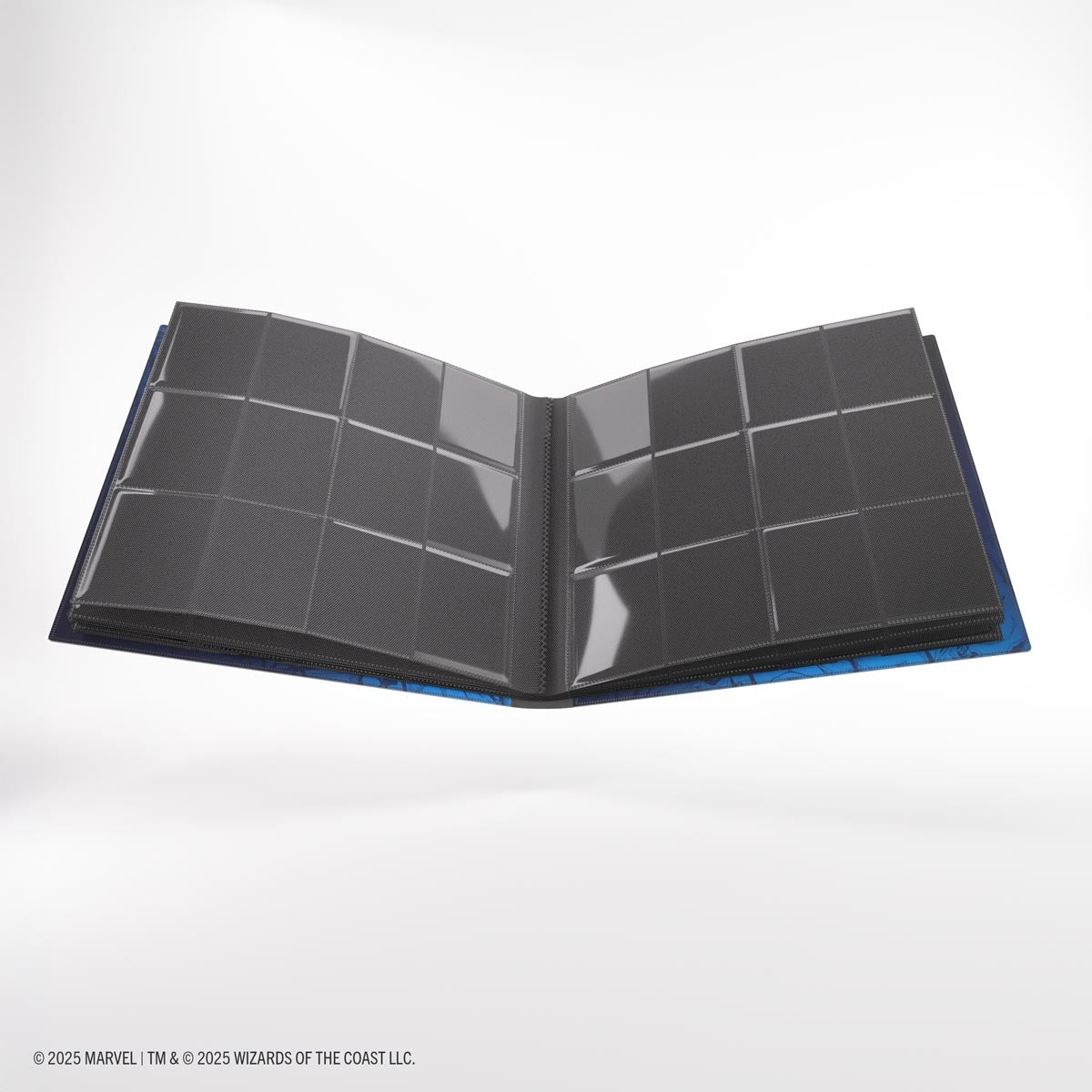 Trading card album with grid compartments on a white background
