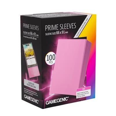 Box of Gamegenic Prime Sleeves in pink with a clear window showing a card.