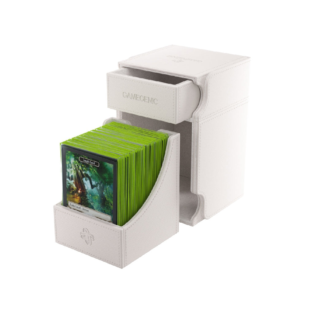 White Gamegenic Watchtower deck box with green cards on a white background