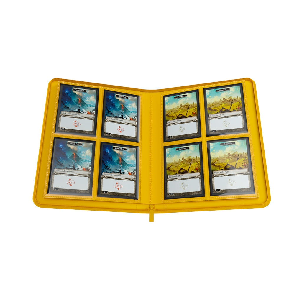 Yellow Gamegenic Binder opened with trading cards on a white background