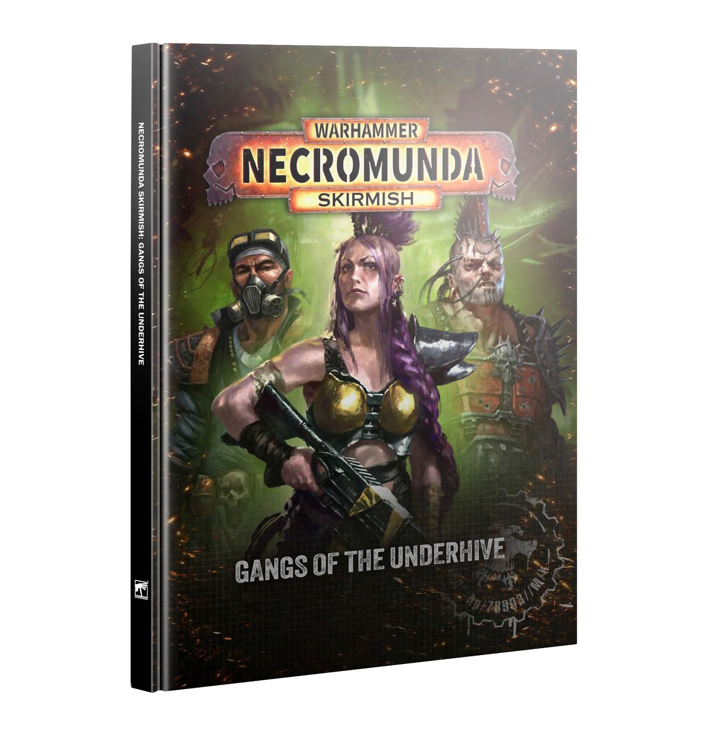 Warhammer 40k Necromunda Skirmish: Gangs of the Underhive tabletop gaming rulebook, shown as a 3D book mockup against a plain white background.