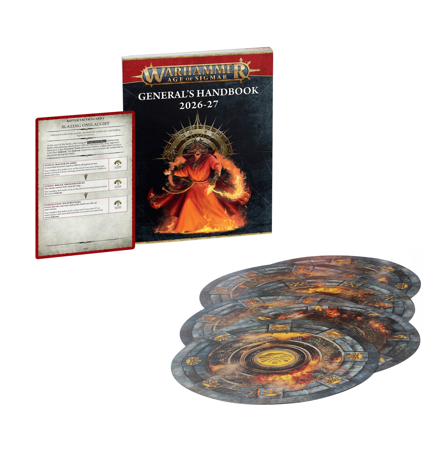 Warhammer Age of Sigmar General's Handbook 2026-27 with game boards on a white background