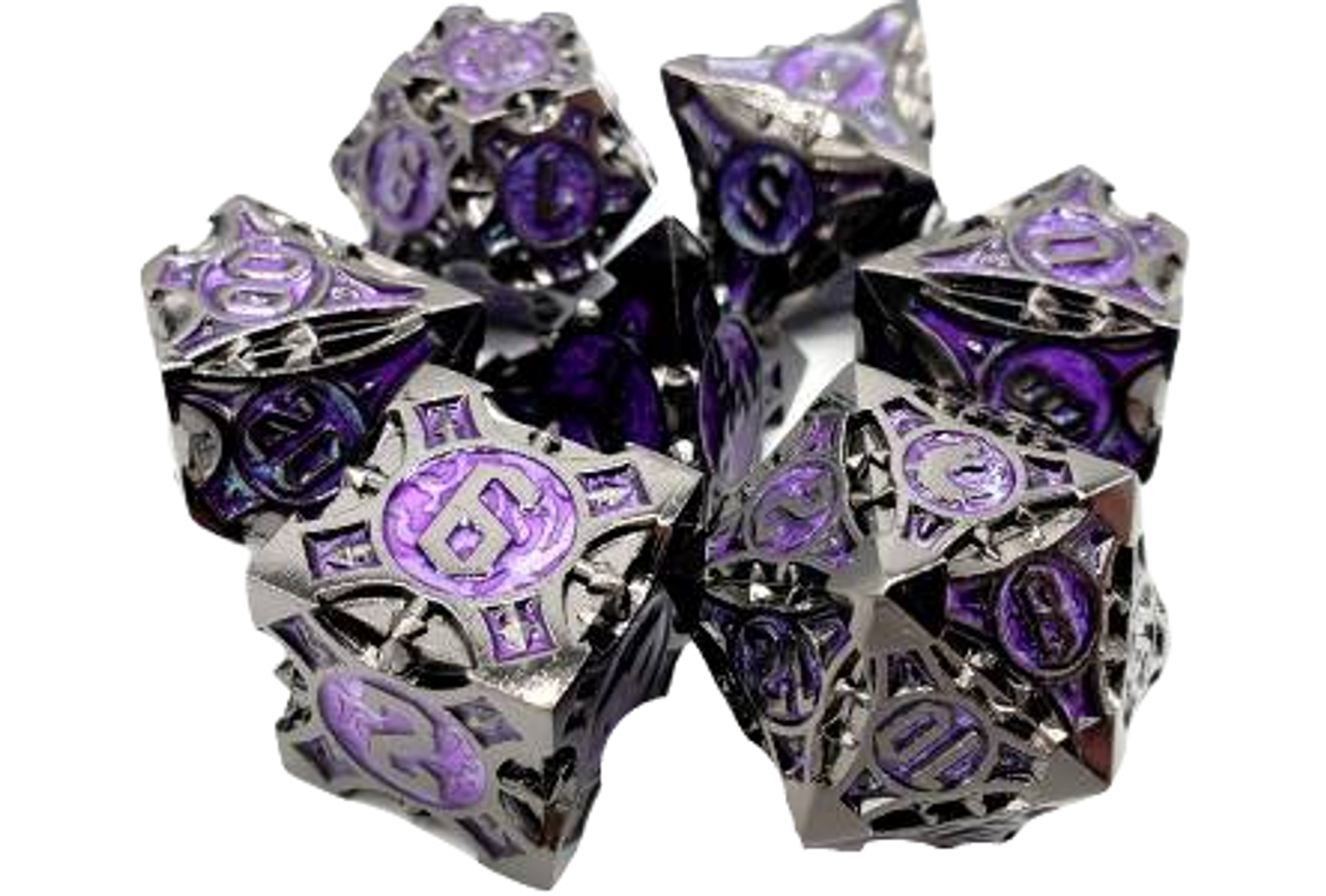 Old School Dice: 7 Piece Dice Set Metallic Gnome Forged - Black Nickel with Purple