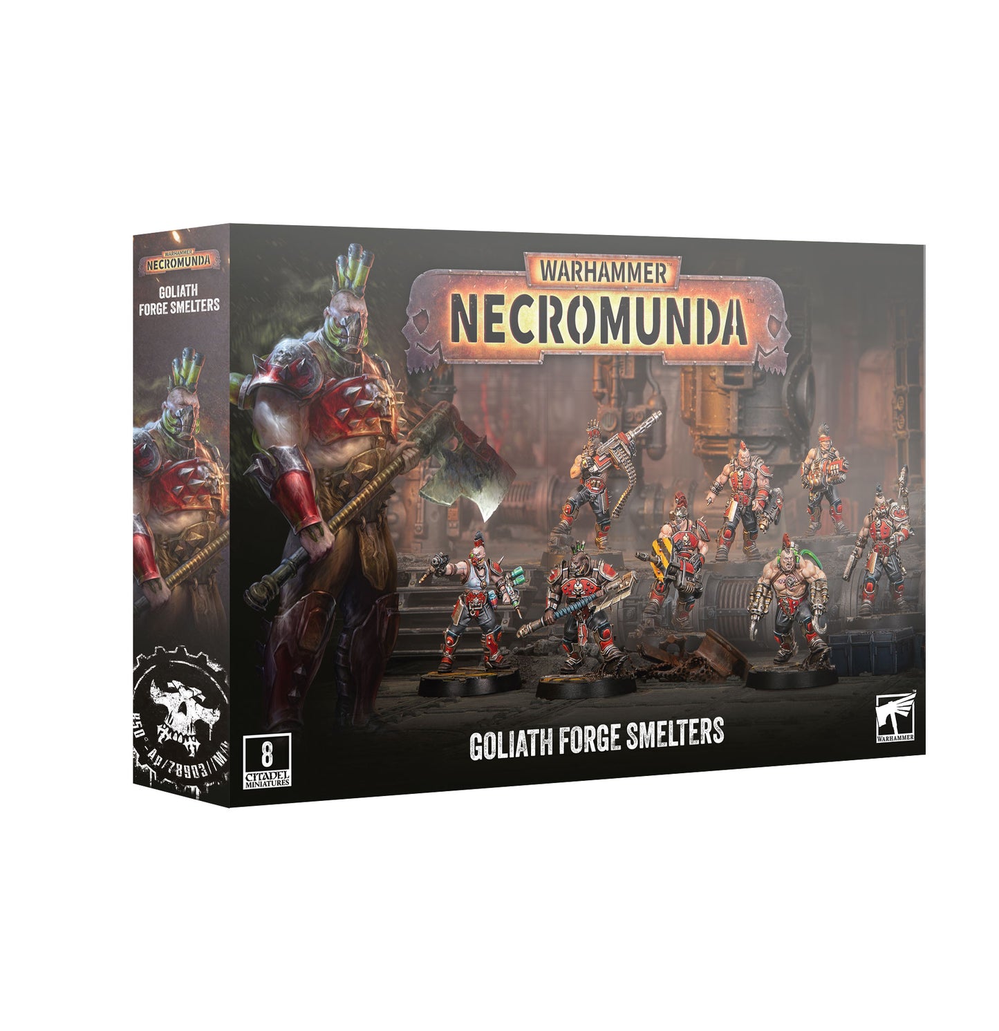 Warhammer Necromunda Goliath Forge Smelters box set, featuring illustrated product packaging with fantasy character artwork and miniatures on a plain white background.