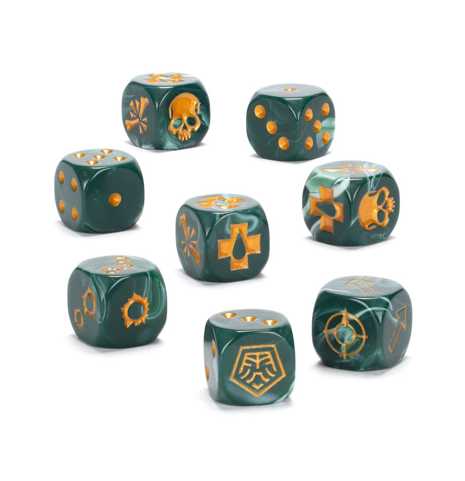 Set of eight green and gold custom dice with unique symbols including skulls, gears, and arrows on a white background