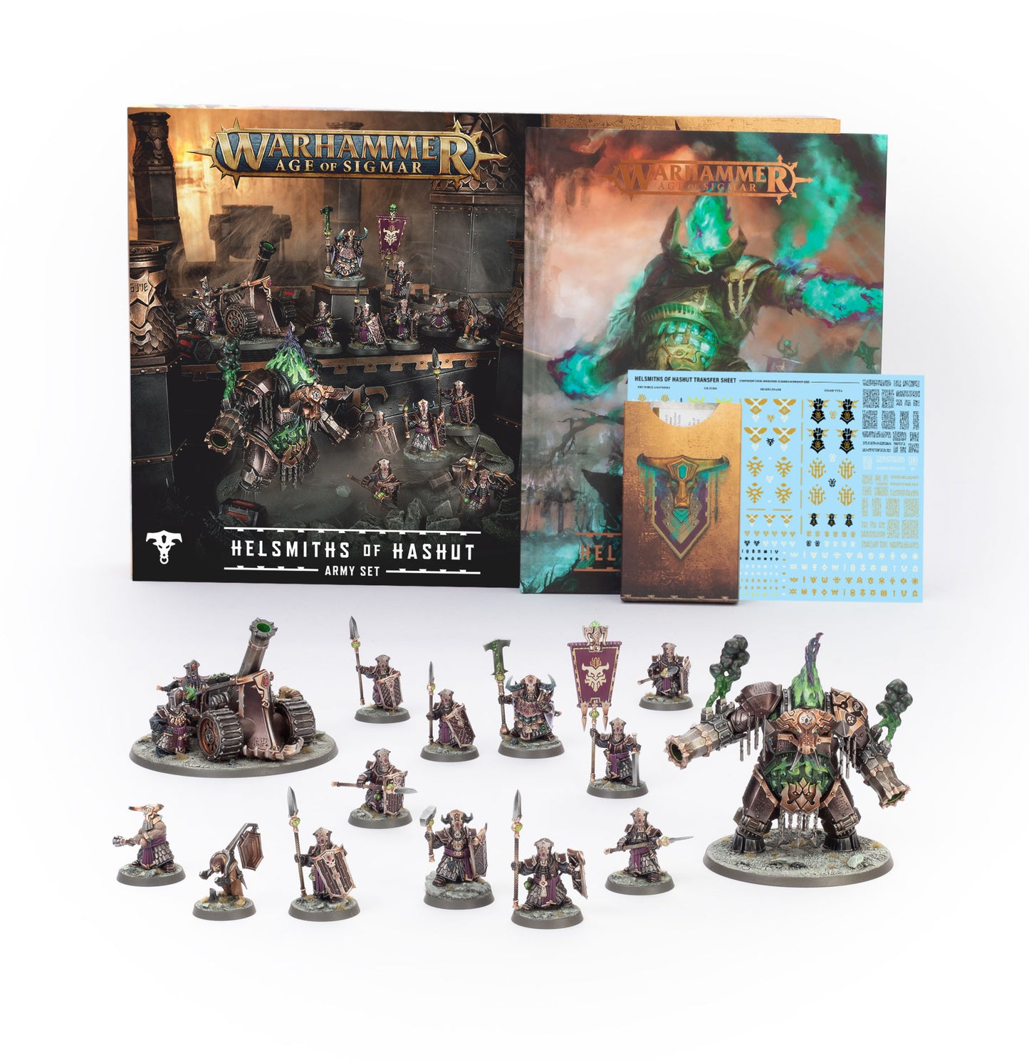 Warhammer Age of Sigmar Helmsmiths of Hashut army set with packaging and figures on a white background