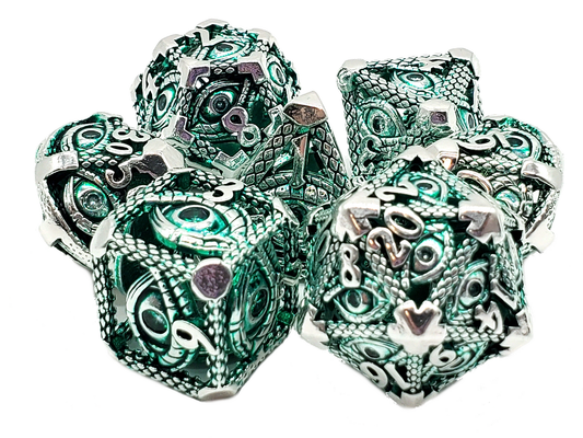 Old School Dice: 7 Piece Dice Set Metallic Hollow All-Seeing Eye Dice - Silver with Green
