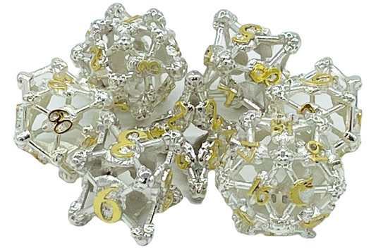 Old School Dice: 7 Piece Dice Set Metallic Hollow Skull Dice - Silver with Gold