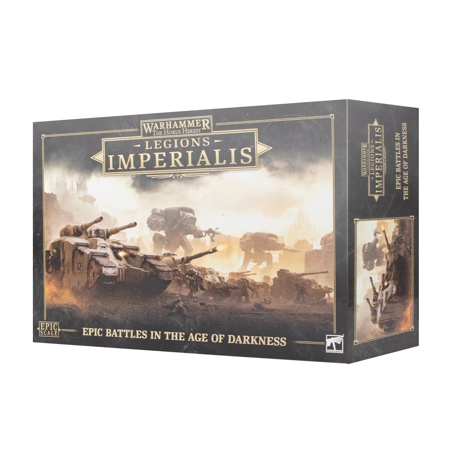 Boxed set of Warhammer: The Horus Heresy – Legions Imperialis, featuring miniatures and a rulebook, with a backdrop of a battle scene in space.