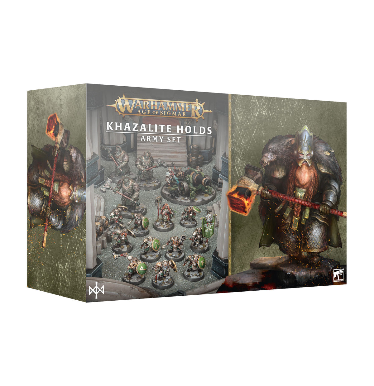 Warhammer 5th Edition Games Workshop Khazalite Holds Army Set box, featuring painted miniature figures and a large warrior figurine on the front and side packaging.