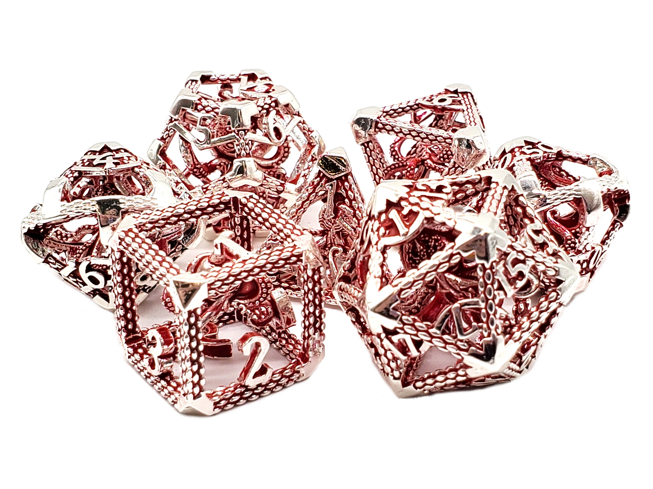 Old School Dice: 7 Piece Dice Set Metallic Hollow Dice: The Kraken - Silver with Red