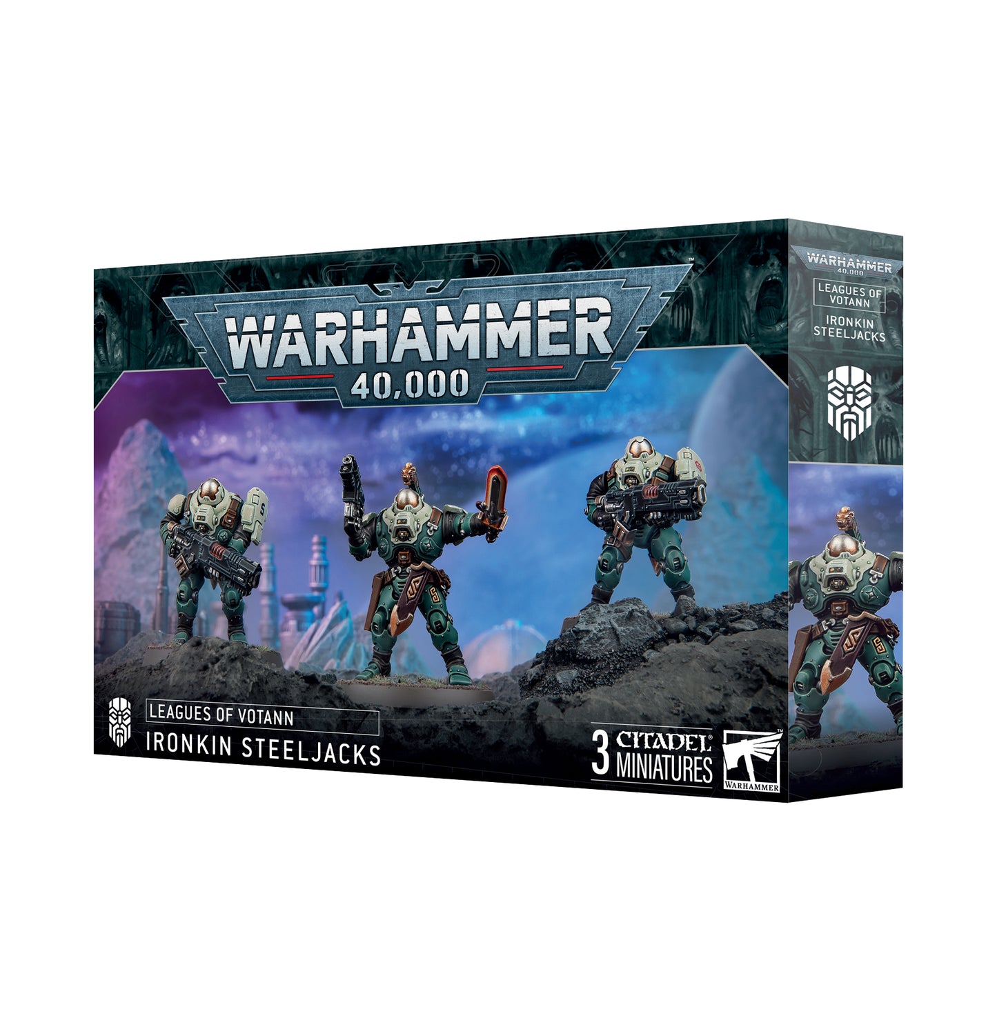 Warhammer 40,000 miniatures box with Ironkin Steeljacks on a white background
